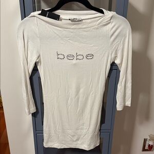 Bebe White 3/4 Sleeve Top with Silver Logo